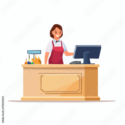 Smiling Shopkeeper at Counter Using Computer