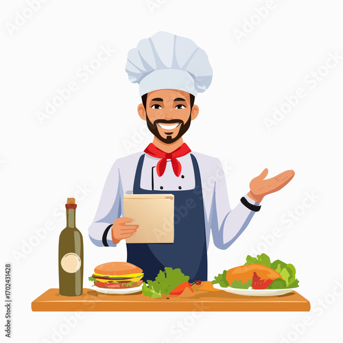 Smiling Chef Presenting Food with Wine and Delicious Meal Options