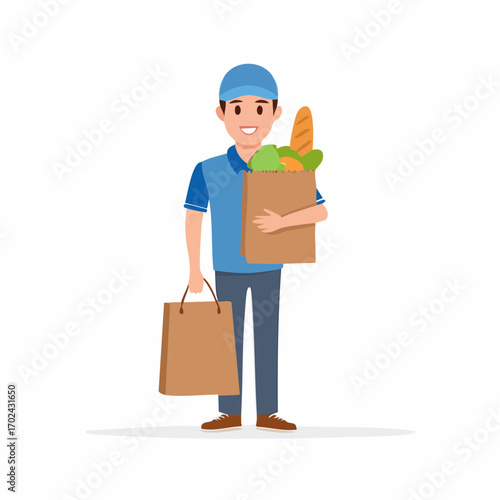 Smiling Delivery Person Holding Groceries and a Shopping Bag Ready to Serve