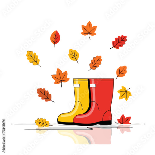 Autumn leaves falling into yellow and red rubber boots