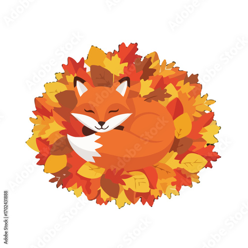 Cute fox sleeping in pile autumn leaves