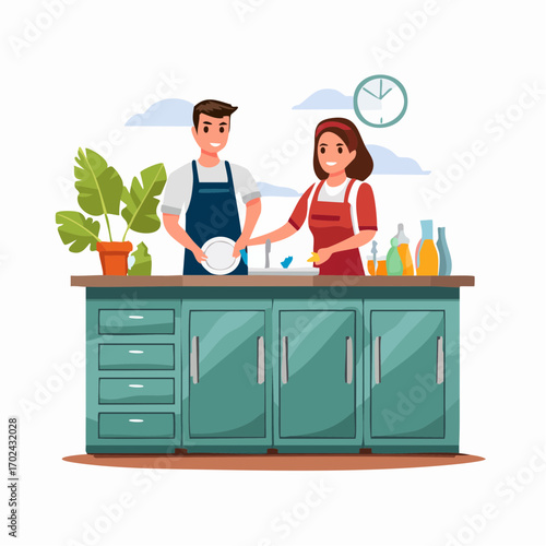 Cheerful Couple Washing Dishes Together in a Bright Clean Kitchen