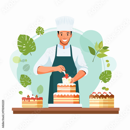 A Baker Decorating a Layered Cake with Fresh Strawberries and Cream