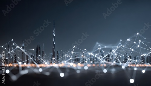 Futuristic city skyline at night, connected by a network of lines and lights