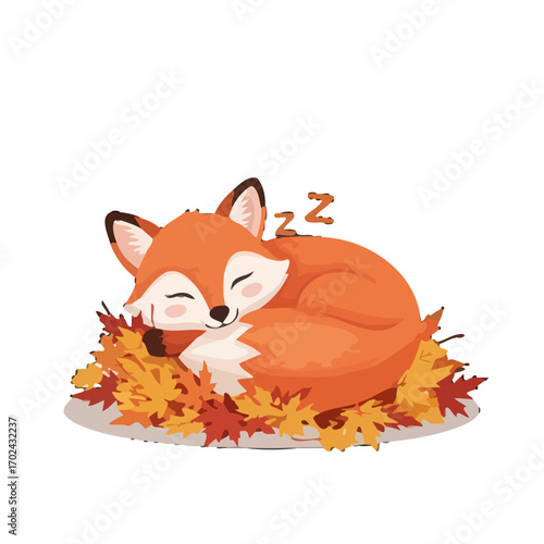 Adorable fox sleeping on a pile autumn leaves