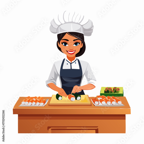 Smiling female chef in uniform preparing sushi rolls on a wooden counter