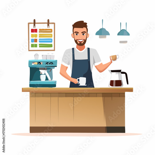 Smiling Barista Serving Coffee with Espresso Machine and Menu Board