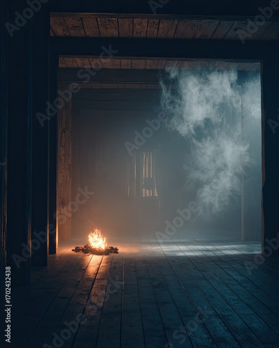 Smoky, dimly lit wooden interior