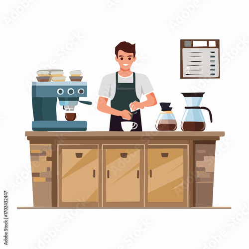 Smiling barista preparing coffee with espresso machine and pourover setup