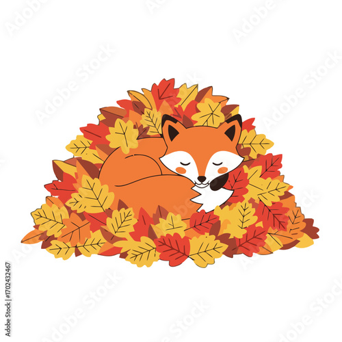Cute fox sleeping in pile autumn leaves