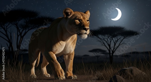 Majestic Lioness Under Crescent Moon in African Savanna.