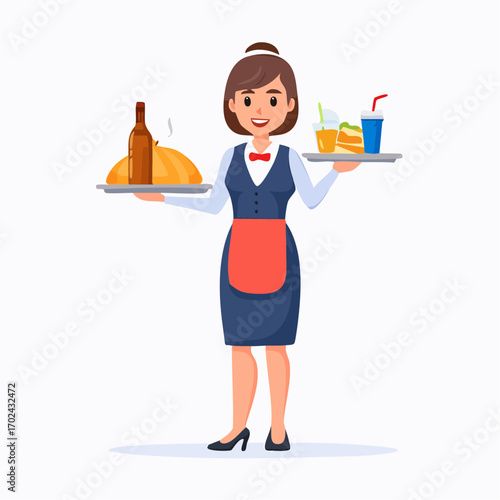 Smiling Waitress Balancing Trays of Food and Drinks