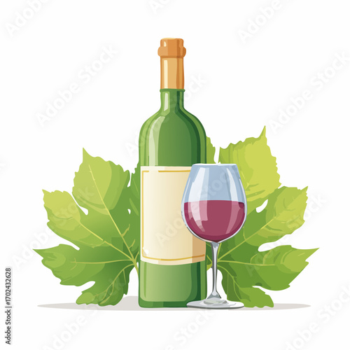 Wine Bottle and Glass with Grape Leaves Illustration