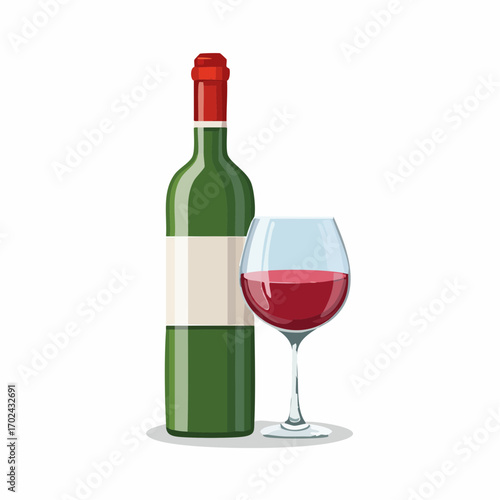 Green Wine Bottle and Glass of Red Wine Illustration