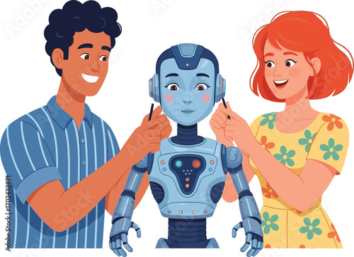 Happy man and woman interacting with humanoid robot, friendly AI communication, emotional technology, human-robot connection, flat vector illustration
