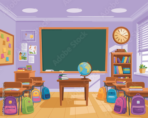 Colorful School Classroom with Desks, Blackboard, and School Supplies