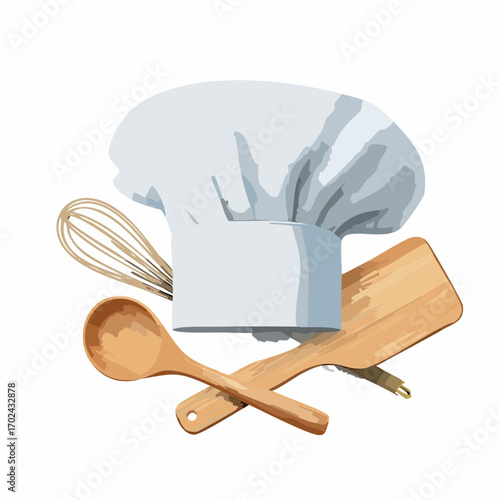 Culinary Essentials A Chefs Hat Whisk Spatula and Wooden Spoon