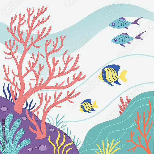 Playful underwater scene illustration featuring coral, fish, and a vibrant aquatic environment design for visual appeal