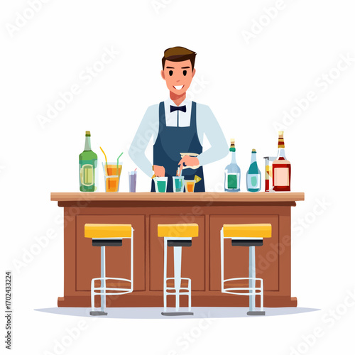 Cheerful Bartender Crafting Cocktails Behind a Wooden Bar with Stools