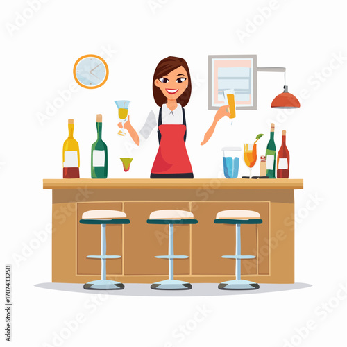 Smiling Bartender Serving Drinks Behind a Wooden Bar with Stools