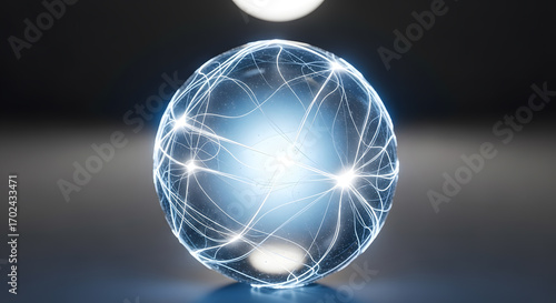 Close-Up of Glowing Globe Wrapped in Abstract Network Lines