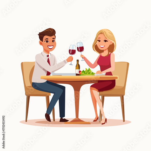 Cartoon Couple Toasting with Red Wine at a Romantic Dinner Table