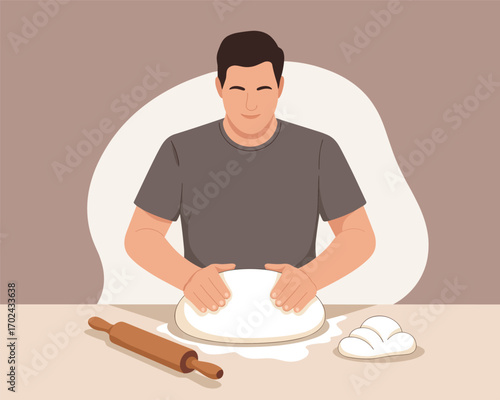 Man Kneading Dough Flat Vector Illustration of Home Baking Preparation