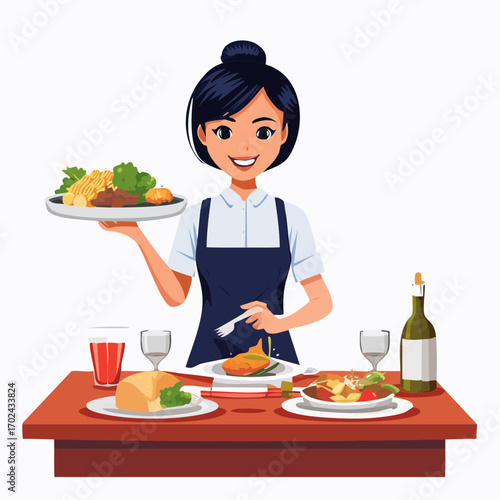 Smiling waitress serving a tray of food and setting the table