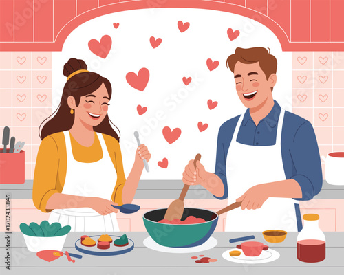 Couple cooking together in kitchen surrounded by hearts, celebrating love and togetherness