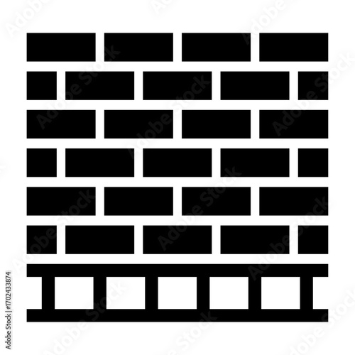 Vector illustration of a brick wall icon in solid black design, representing construction, architecture, building materials, and strong structure for infrastructure and urban development.