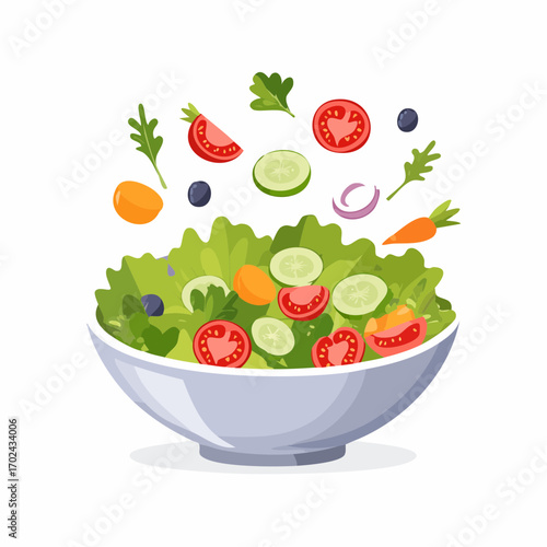 Colorful Vegetable Salad in a Bowl with Flying Ingredients