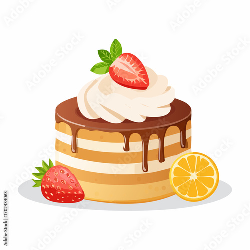 Luscious layered cake with chocolate drizzle topped with whipped cream strawberry and accompanied by fresh strawberry and orange slice