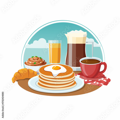 Cartoon breakfast scene with pancakes coffee croissant and orange juice
