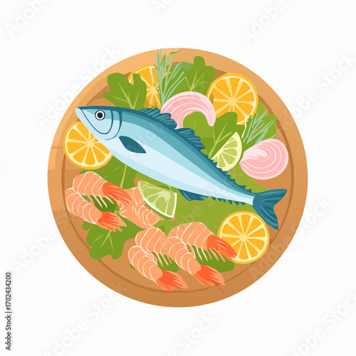 Stylized Seafood Platter with Blue Fish Shrimp Citrus and Greens on a Wooden Plate