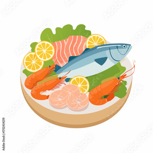 Fresh seafood platter with salmon tuna shrimp and lemon slices on a plate