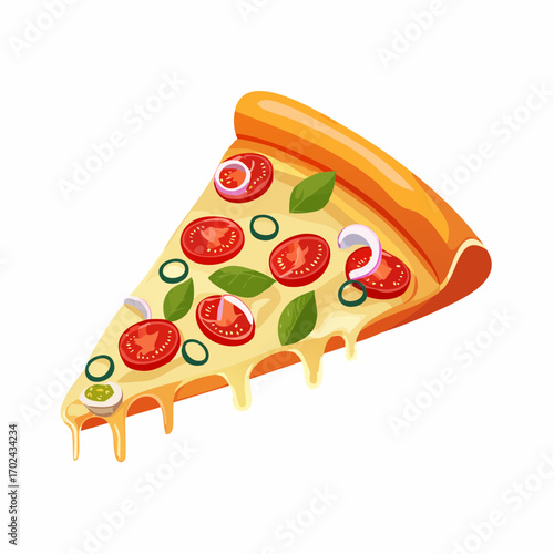 Delicious Pizza Slice with Fresh Tomatoes Onions and Basil Leaves
