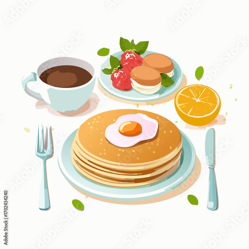 Cartoon Breakfast Still Life Pancakes Egg Strawberries Macarons Orange and Coffee