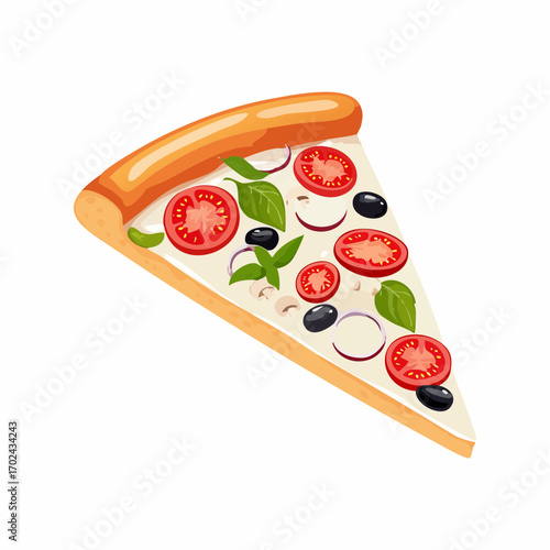 Cartoon Pizza Slice with Tomato Basil Onion Mushroom and Olive Toppings