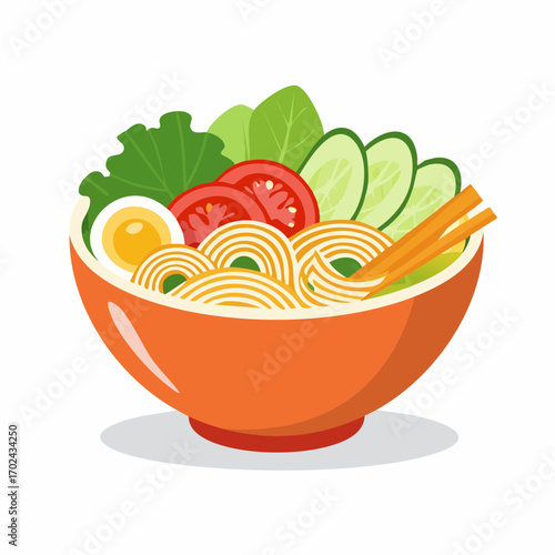 Vibrant Orange Bowl Filled with Noodles Vegetables and a Half Egg