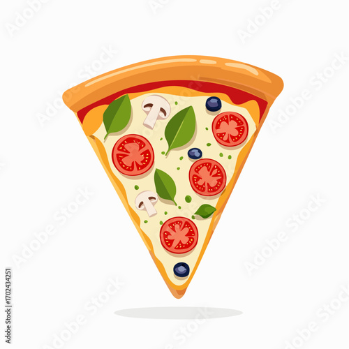 Triangular Pizza Slice with Tomato Mushroom Basil and Olive Toppings