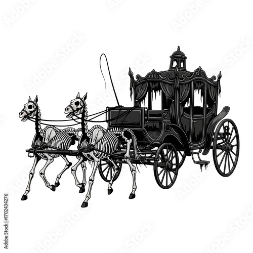 Spooky horse skeleton carriage silhouette isolated on white background