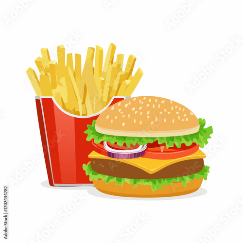 Cartoon Hamburger with Fries in a Red and White Striped Container
