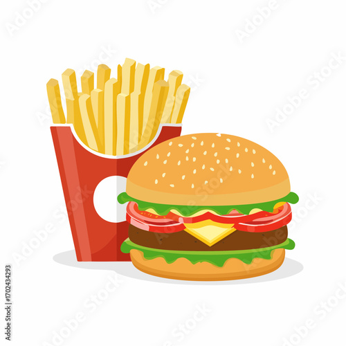 Delicious Hamburger and French Fries Classic American Fast Food Meal