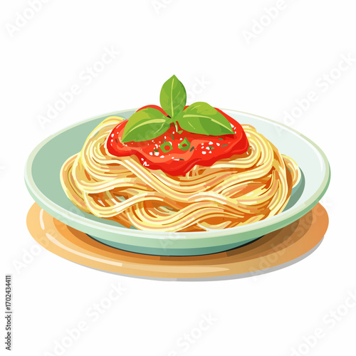 Colorful Illustration of a Plate of Spaghetti with Tomato Sauce and Basil