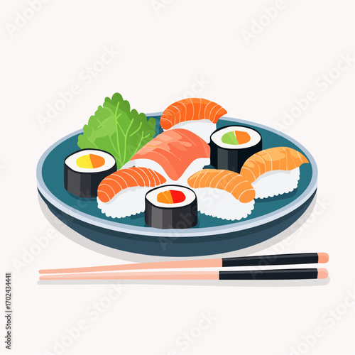 Artistic Sushi Plate with Salmon Nigiri Maki Rolls and Chopsticks