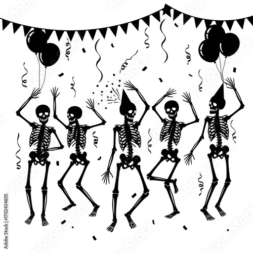 Dancing skeletons celebrating with balloons and confetti silhouette isolated on white background