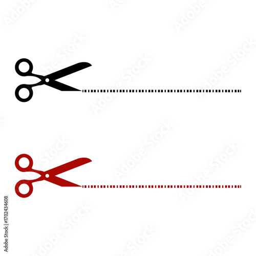 Scissors cut line vector icon with black and red scissors cutting along dotted dashed lines for coupon or discount design.