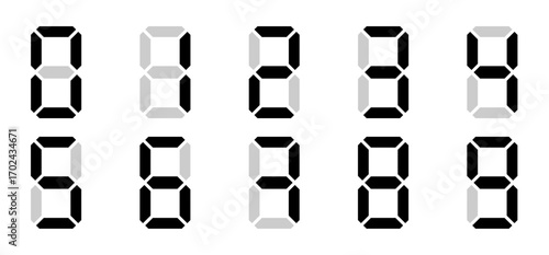 Seven-segment digital number vector set in black silhouette style, numeric digits for electronic display, clock, and calculator design.
