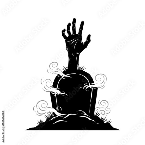 Zombie hand emerging from grave silhouette isolated on white background