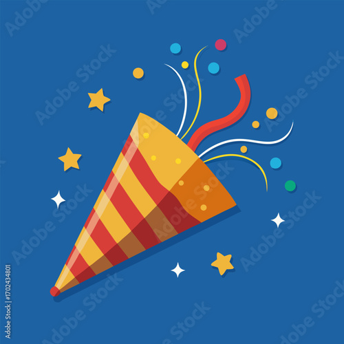 Golden party popper exploding with colorful streamers and confetti celebration fun